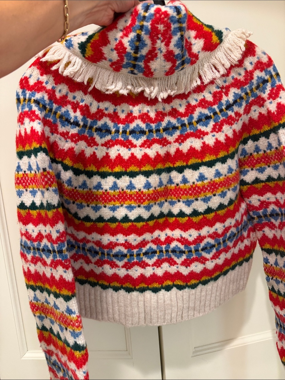SAYLOR Red, Blue & Green Fair Isle Fringe Cardigan - Picture 8 of 10
